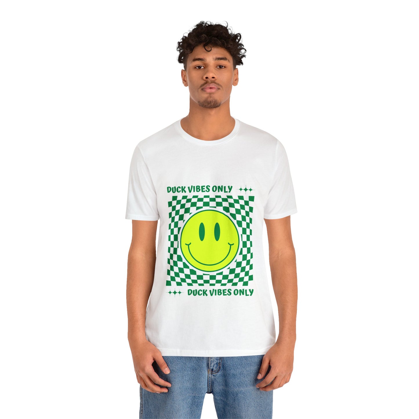 Retro "Duck Vibes Only" White T-Shirt styled at a football stadium, blending casual comfort with bold fan energy.