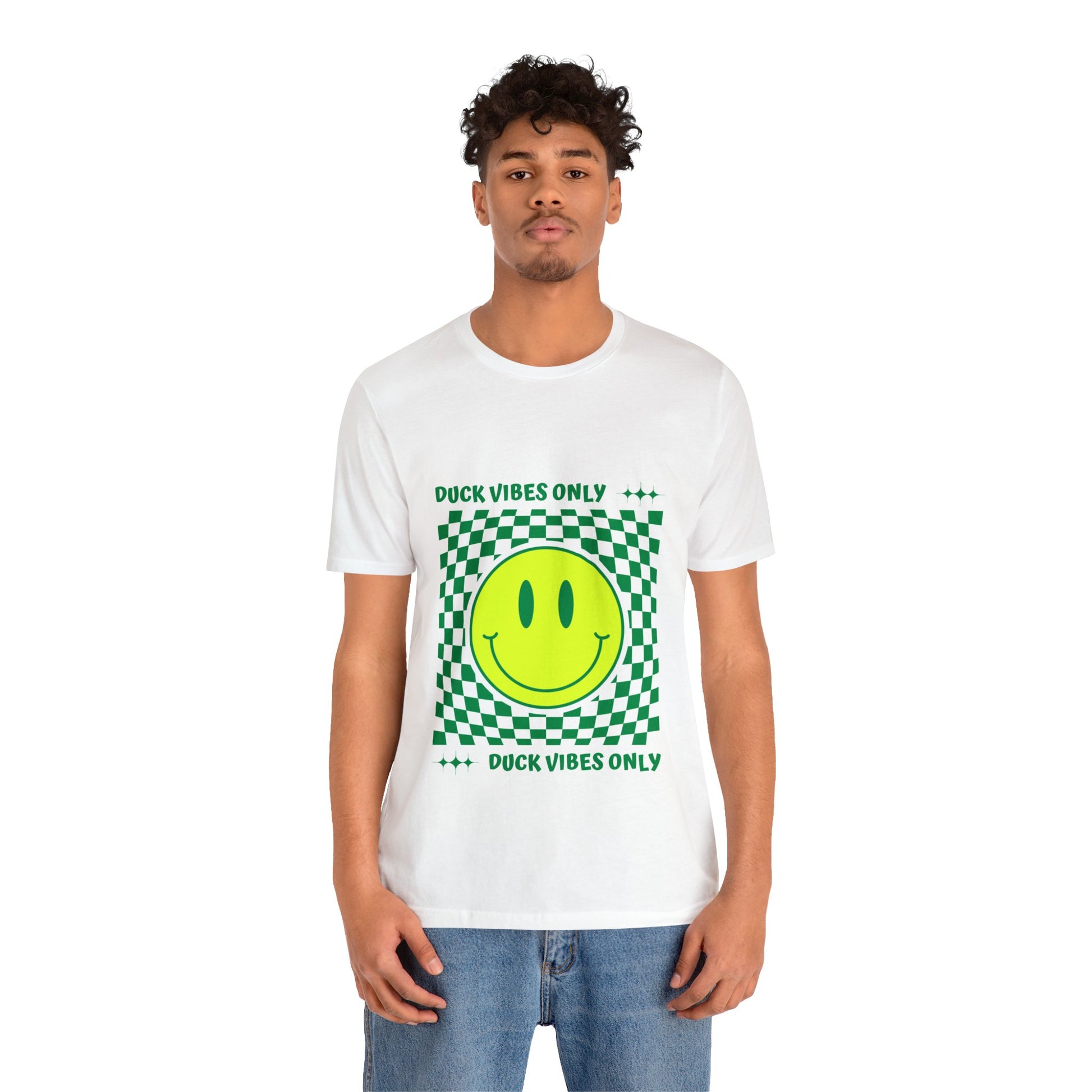 Retro "Duck Vibes Only" White T-Shirt styled at a football stadium, blending casual comfort with bold fan energy.