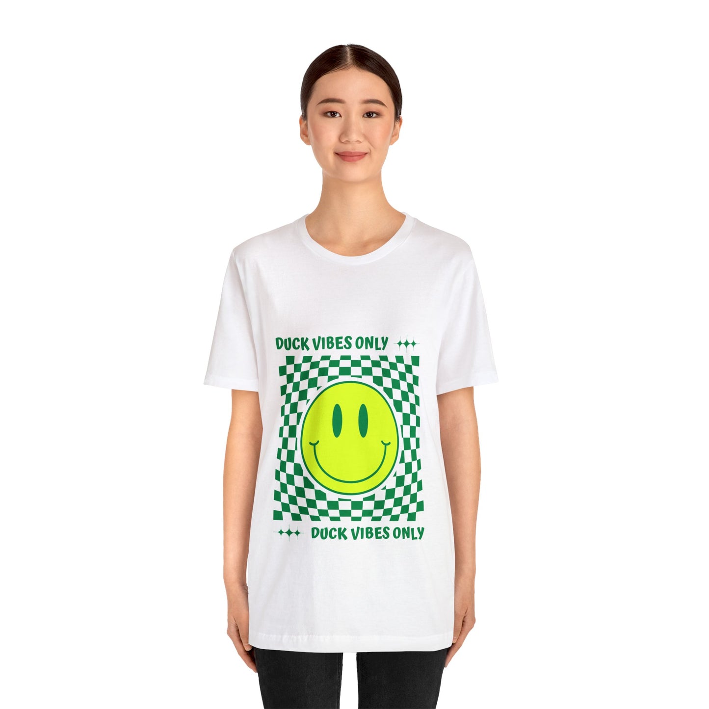 Retro "Duck Vibes Only" White T-Shirt worn at a football tailgate, adding a fun and sporty touch to a game-day outfit.
