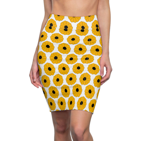 Front view of retro floral skirt in black and orange—flouncy fit styled for Oregon State gameday fashion