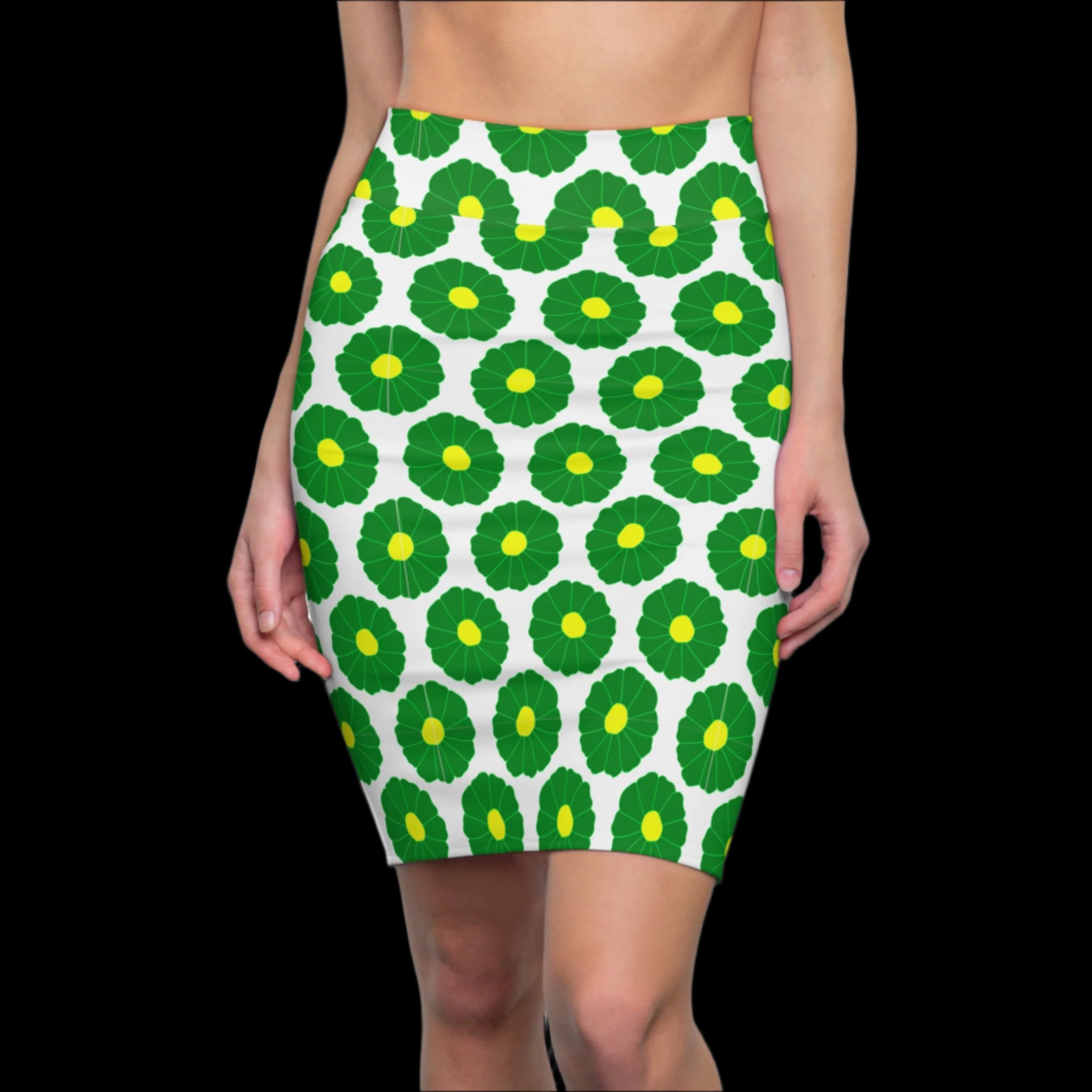 Retro Floral Yellow & Green Gameday Skirt featuring a bold floral print, perfect for stylish football tailgate outfits.