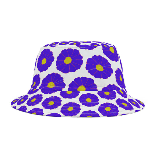 Vintage-inspired bucket hat with all-over purple and gold floral print, displayed outdoors with stadium background—perfect for sunny Seattle gamedays.