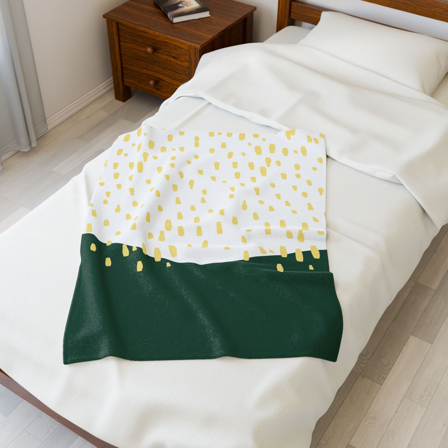 Gift-packaged blanket with midcentury modern rainy-day aesthetic