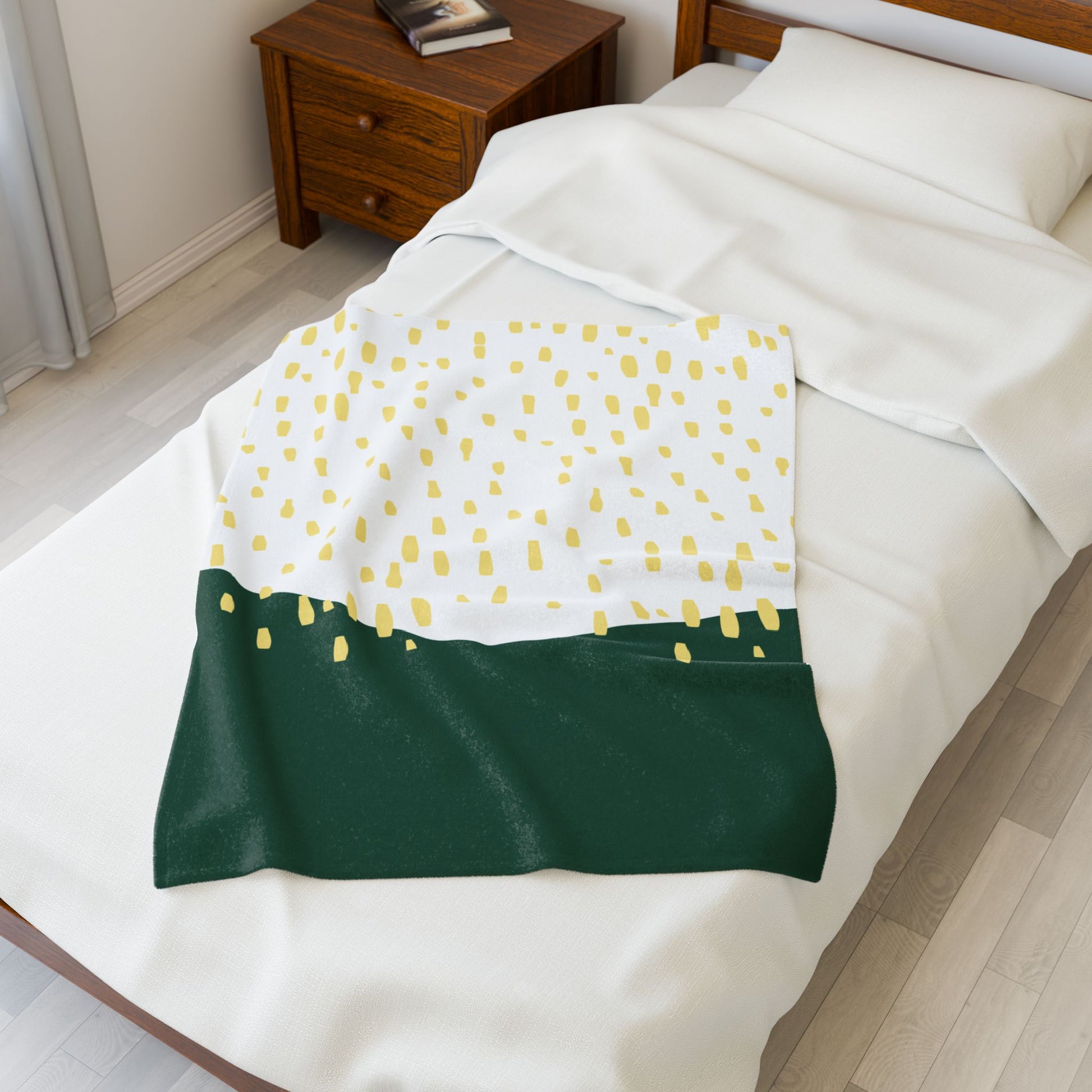 Gift-packaged blanket with midcentury modern rainy-day aesthetic