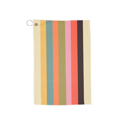 A vibrant retro rainbow swirl golf towel bursting with nostalgic colors. A bold, personality-packed accessory for players who love vintage vibes.