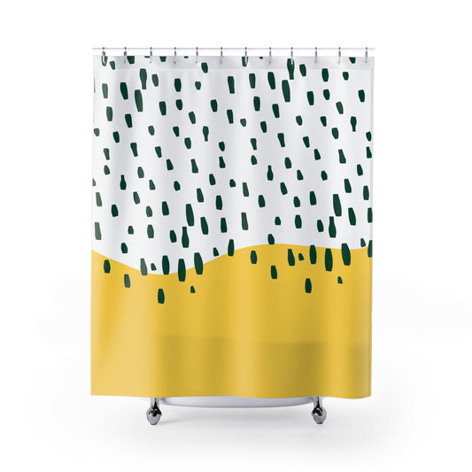 Shower curtain with abstract rainfall pattern in yellow and green for college dorms