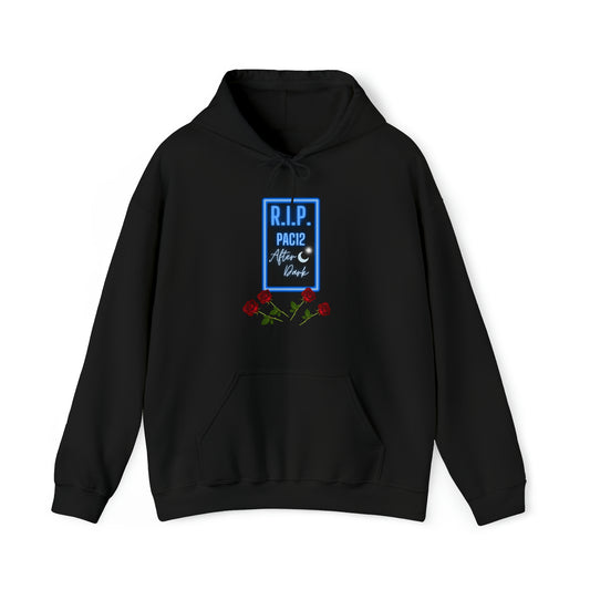 RIP Pac-12 After Dark Black Hoodie featuring bold lettering that pays tribute to legendary late-night Pac-12 football matchups.