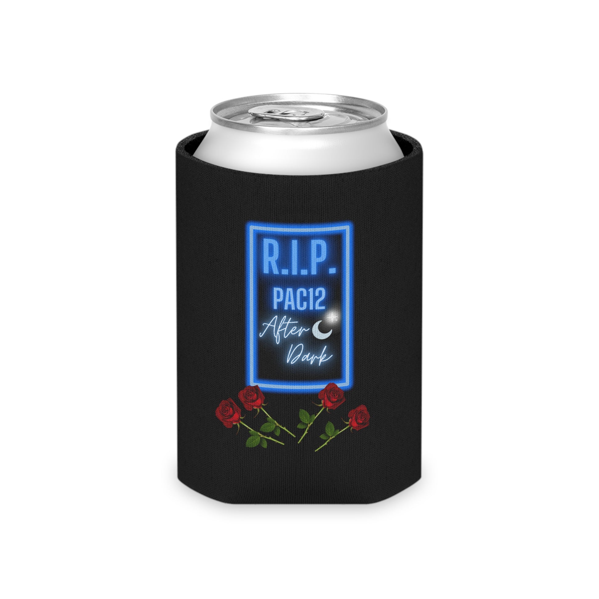 RIP Pac-12 After Dark Black Koozie keeping a drink cold at a football tailgate, celebrating the unforgettable era of late-night Pac-12 matchups.