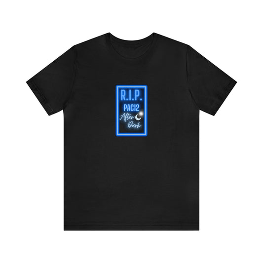 RIP Pac-12 After Dark Black T-Shirt featuring bold lettering that honors the legendary late-night football matchups.