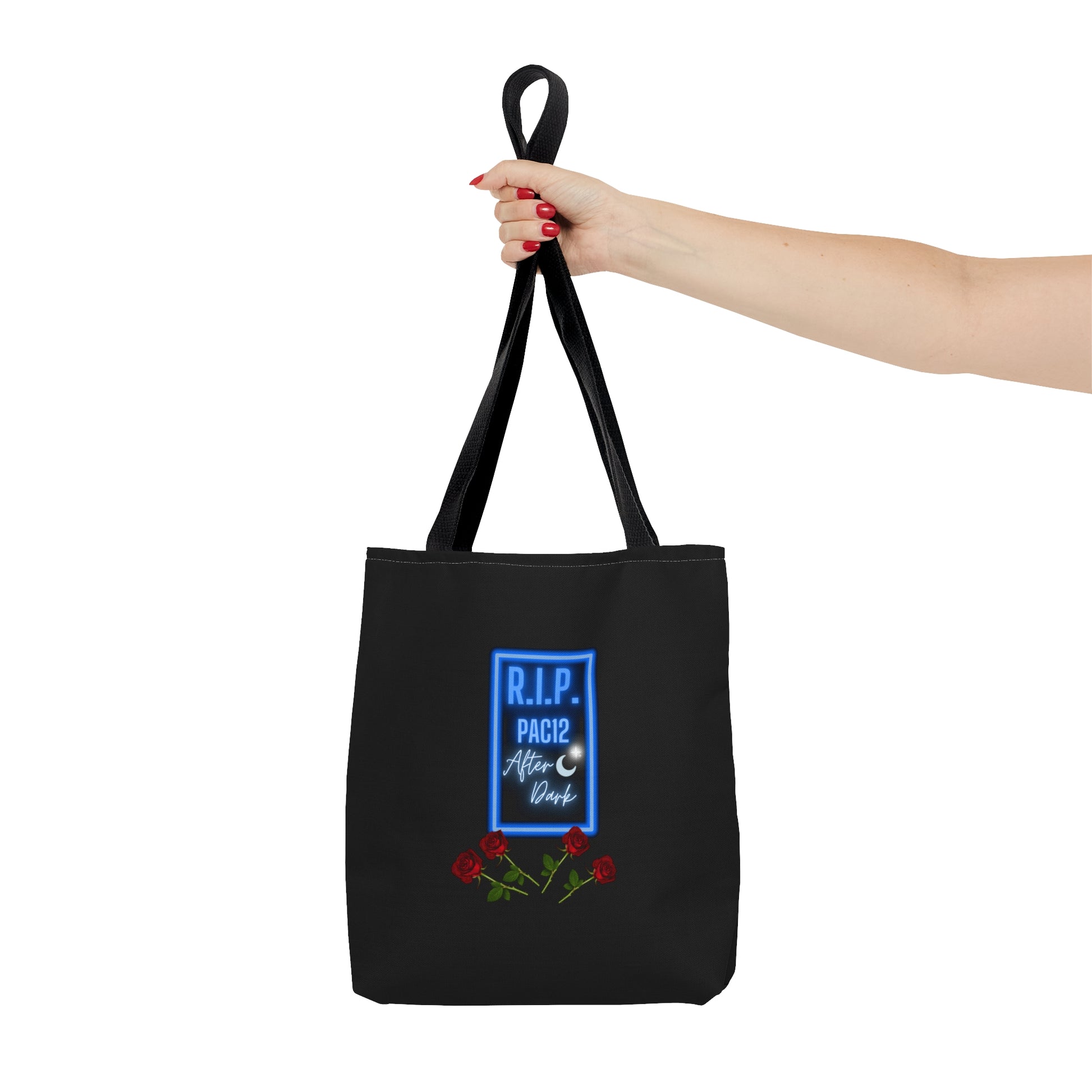 RIP Pac-12 After Dark Black Tote Bag displayed at a tailgate, representing true Pac-12 nostalgia and West Coast football culture.