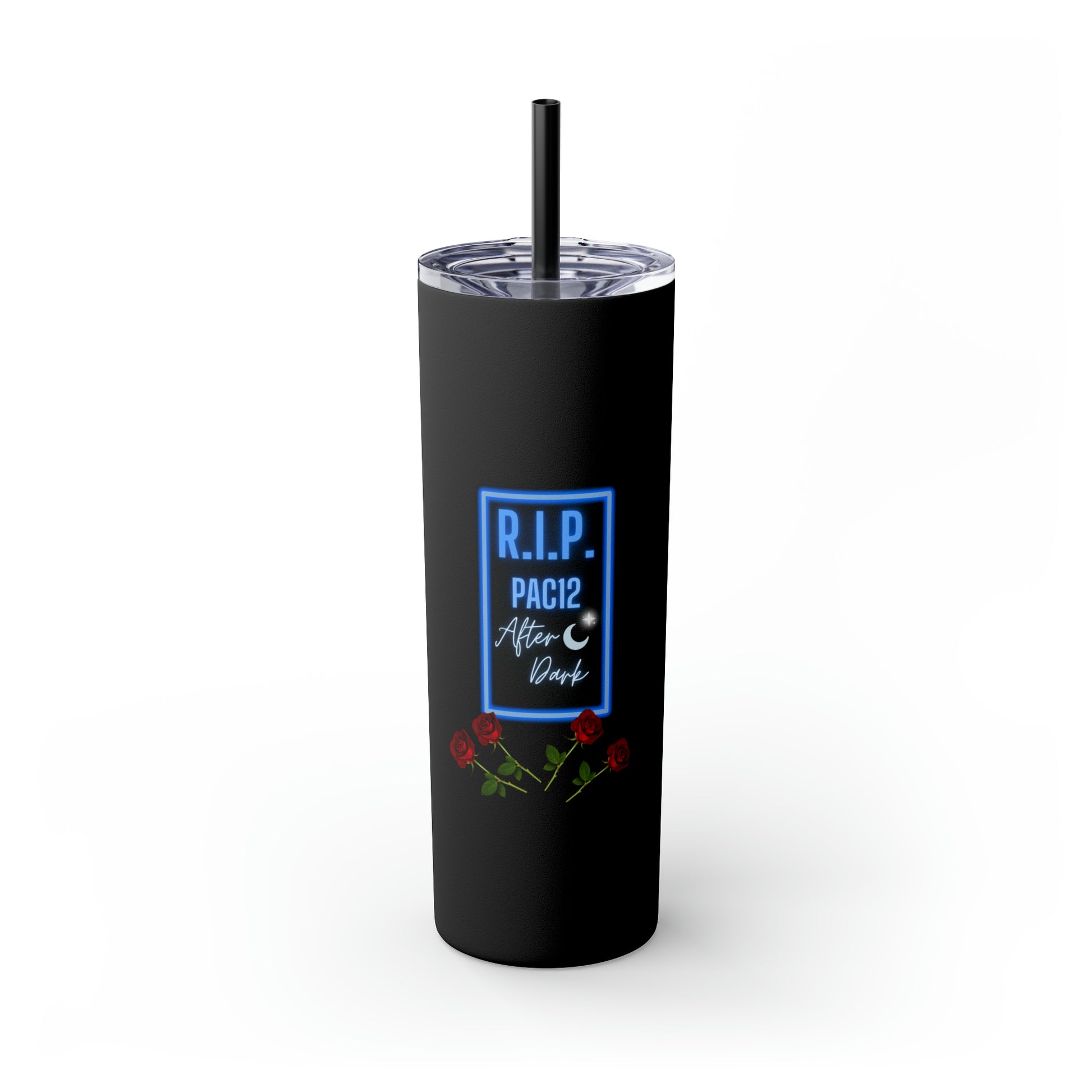 RIP Pac-12 After Dark Black Tumbler featuring bold lettering that pays tribute to legendary late-night West Coast football matchups.