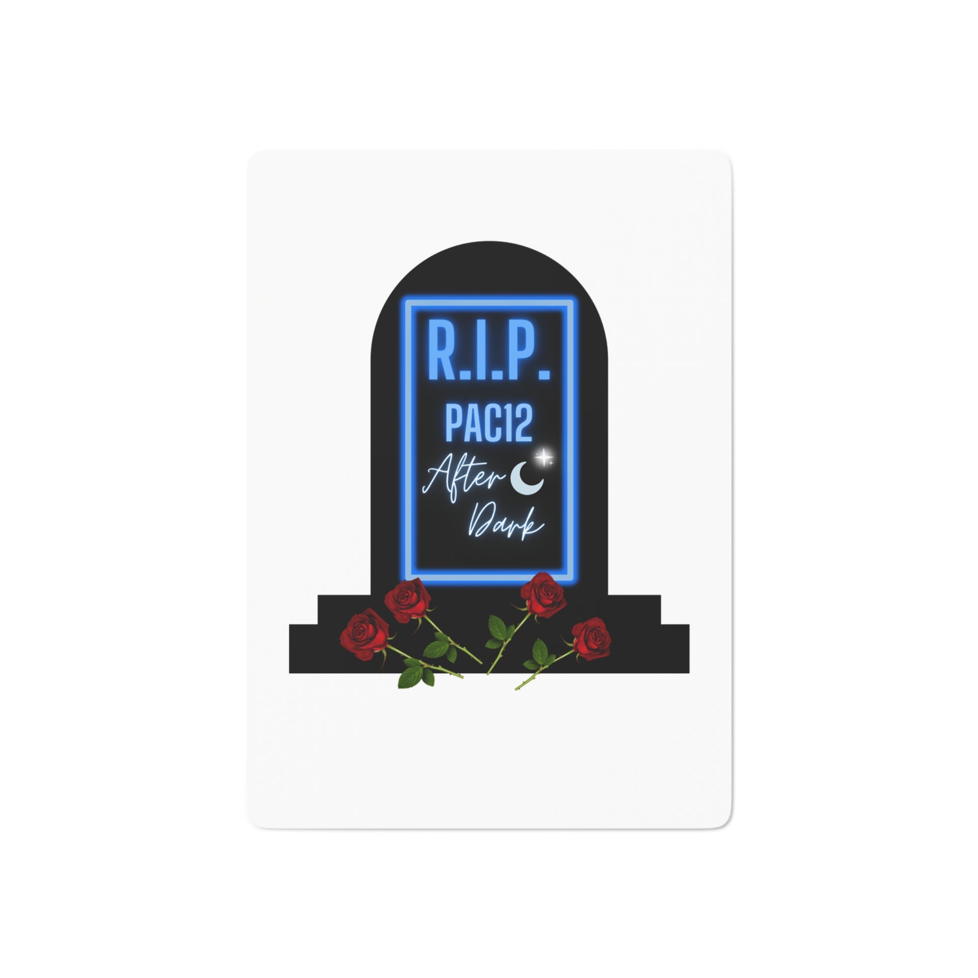 RIP Pac-12 Playing Cards featuring bold lettering and custom card design honoring the legendary Conference of Champions.