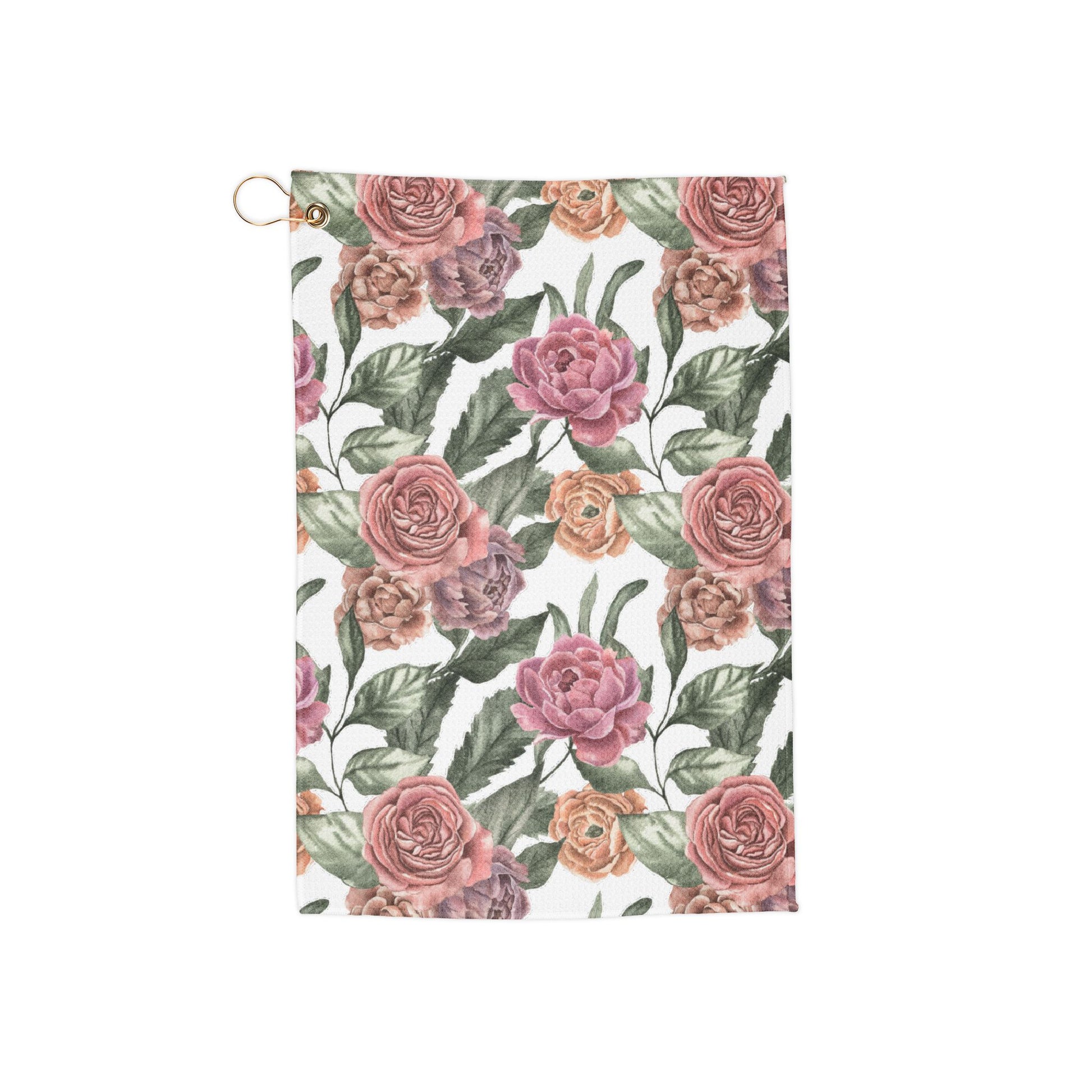 A vintage-inspired rose-patterned golf towel featuring soft, romantic hues and elegant floral details for a timeless, classy look.