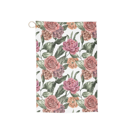 A vintage-inspired rose-patterned golf towel featuring soft, romantic hues and elegant floral details for a timeless, classy look.