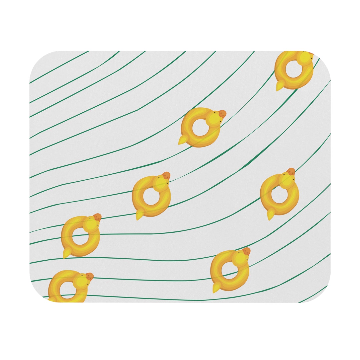 Wavy river-themed mouse pad with whimsical rubber duck illustration, styled on a college desk setup with notebooks and earbuds