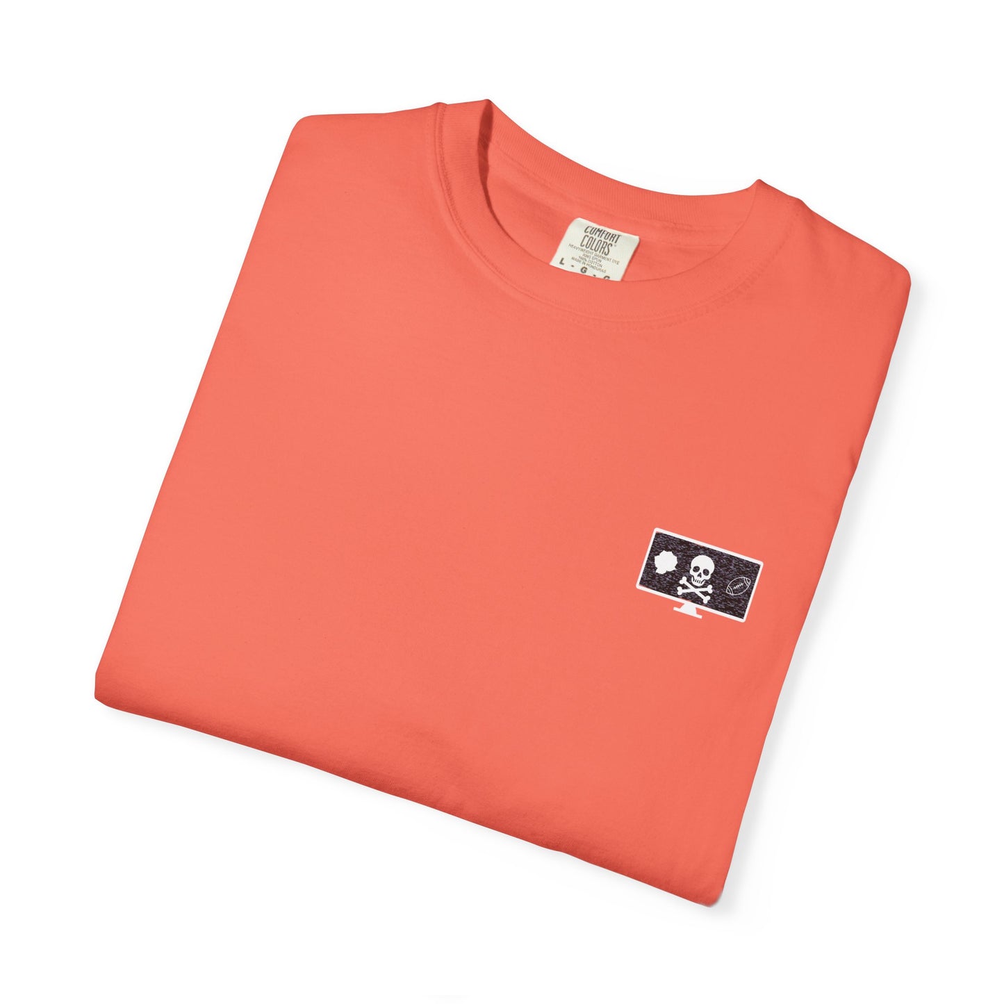 Salmon pink Hot Take Tee featuring bold front illustration and spicy back text about the fall of the Pac-12.