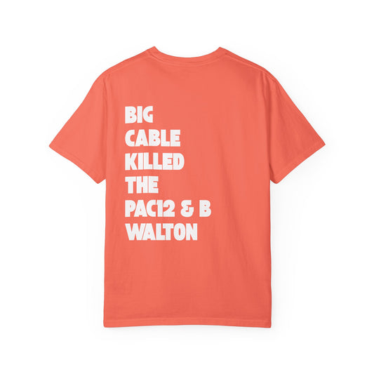 Salmon pink tee with front graphic of TV, skull, and football, plus back message calling out Big Cable and honoring Bill Walton.