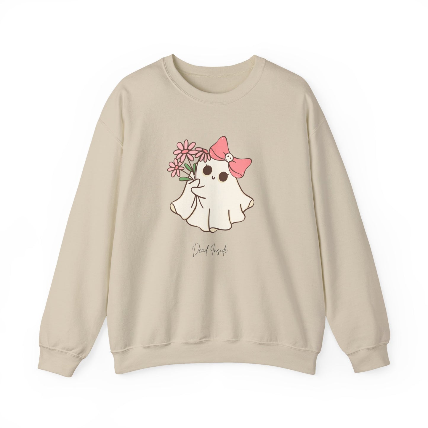 Sandy beige Halloween sweatshirt with ghost and flower graphic and cheeky message, perfect for playful October outfits.