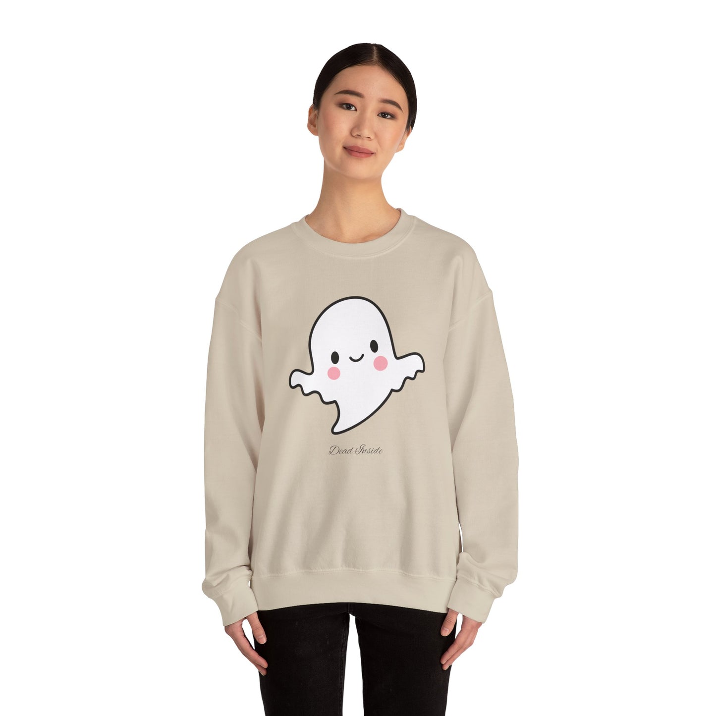 Sandy beige pullover featuring wide-eyed ghost and cheeky “dead inside” phrase, perfect for fall layering and PSL sipping.