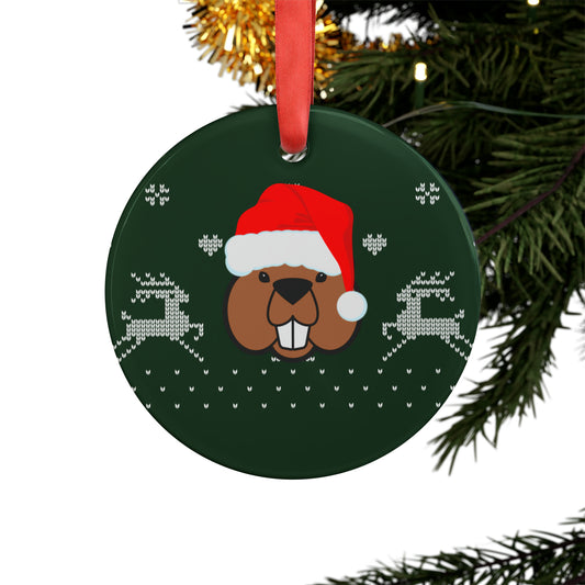 view of festive ornament with Santa beaver graphic—lightweight and perfect for Corvallis Christmas trees