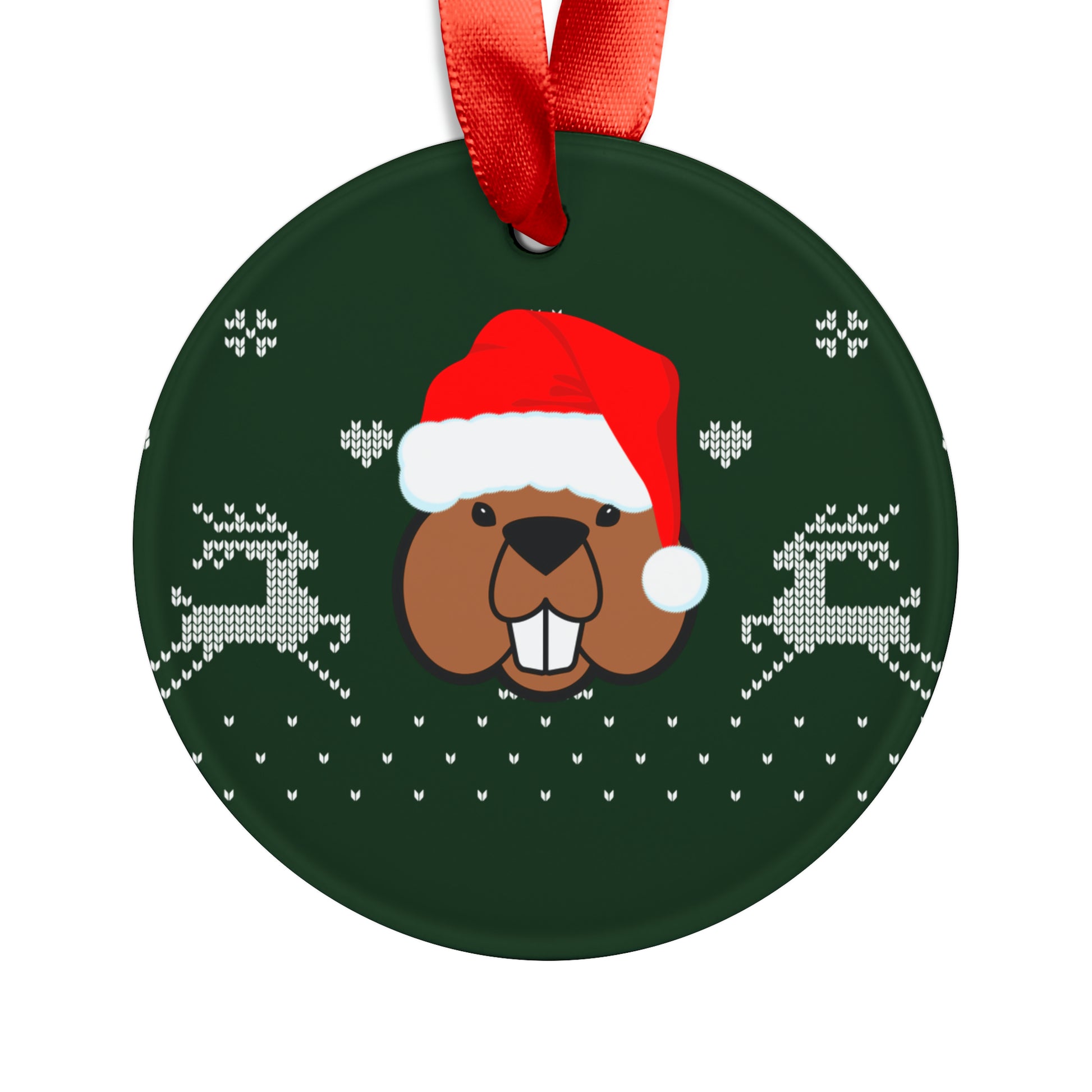 Front view of Santa Beaver Christmas ornament in black and orange—glossy holiday tree décor styled for Oregon State fans