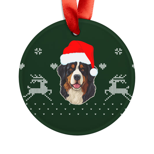 front view of bernese mountain dog Christmas ornament with Santa hat and tri-color fur against white background