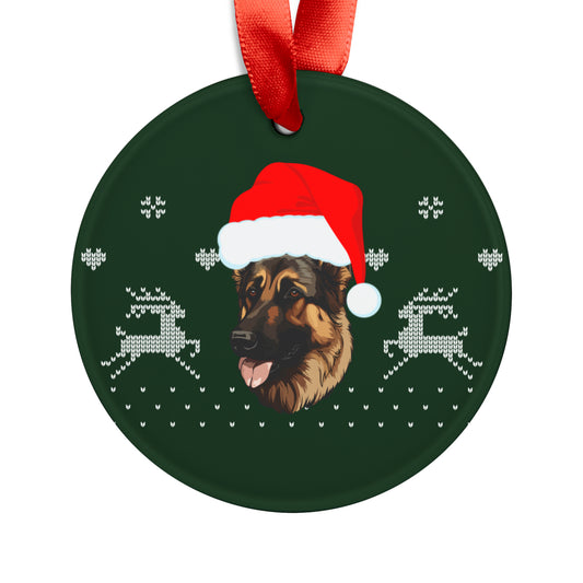 front view of german shepherd ornament with pointed ears and red Santa hat, posed against white background