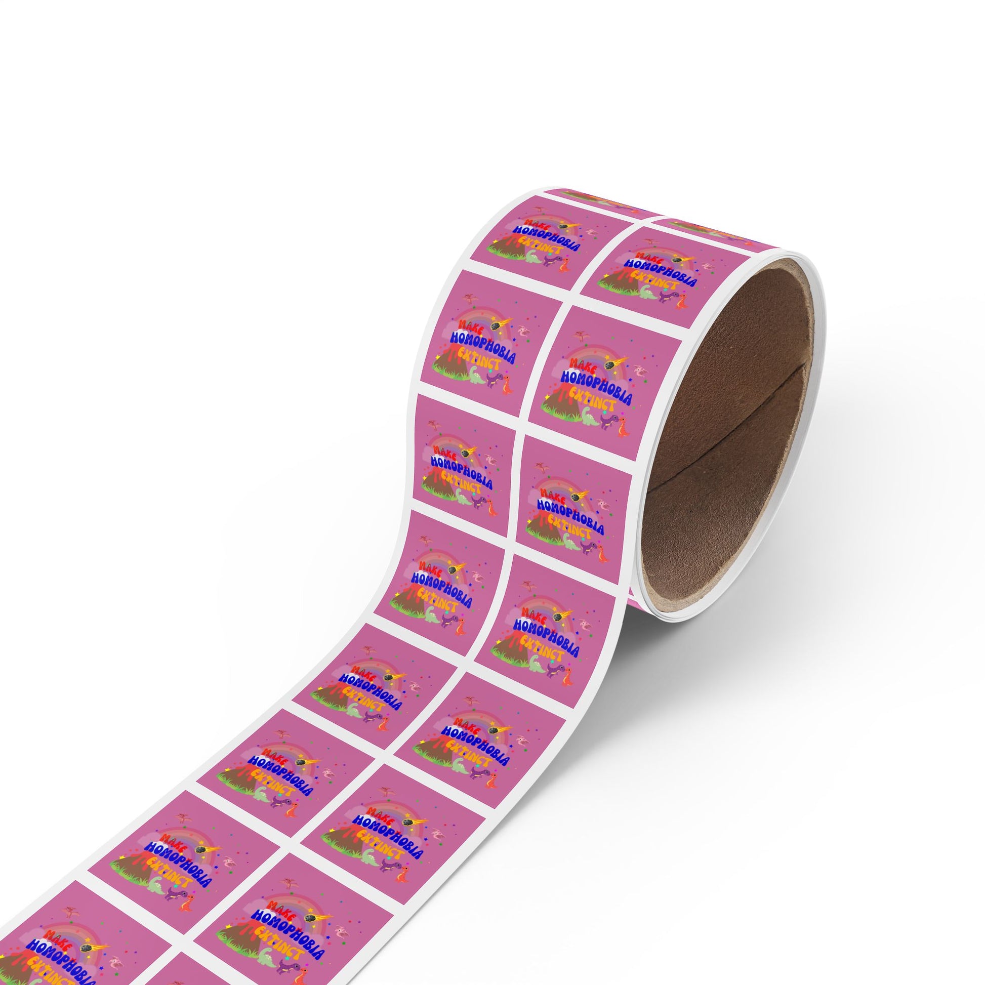 Minimalist pink LGBTQ+ sticker with a dinosaur silhouette and “Make Homophobia Extinct” message—simple yet powerful.