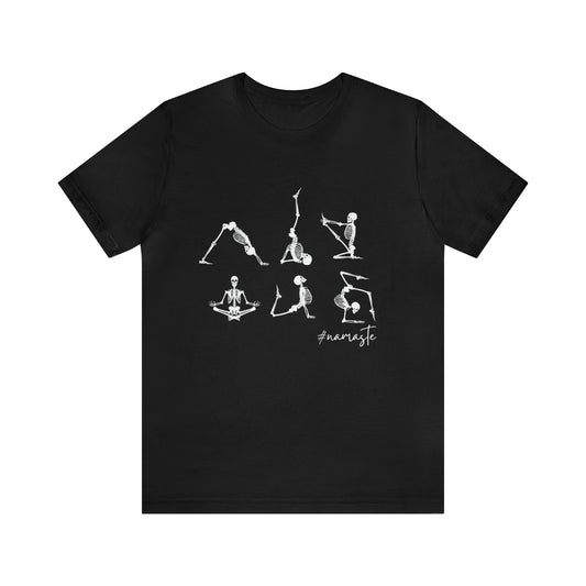 Halloween t-shirt with skeleton in yoga pose and spooky zen design