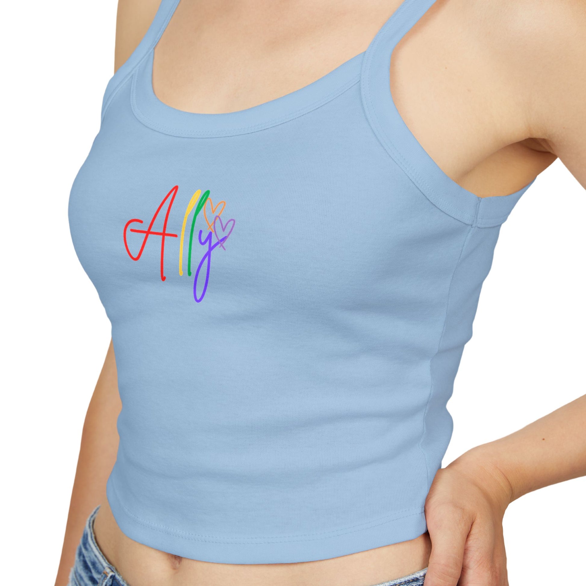 Sky Blue Ally Pride Tank – A soft, light blue sleeveless tank with bold rainbow cursive "Ally," perfect for celebrating inclusivity and LGBTQ+ pride.