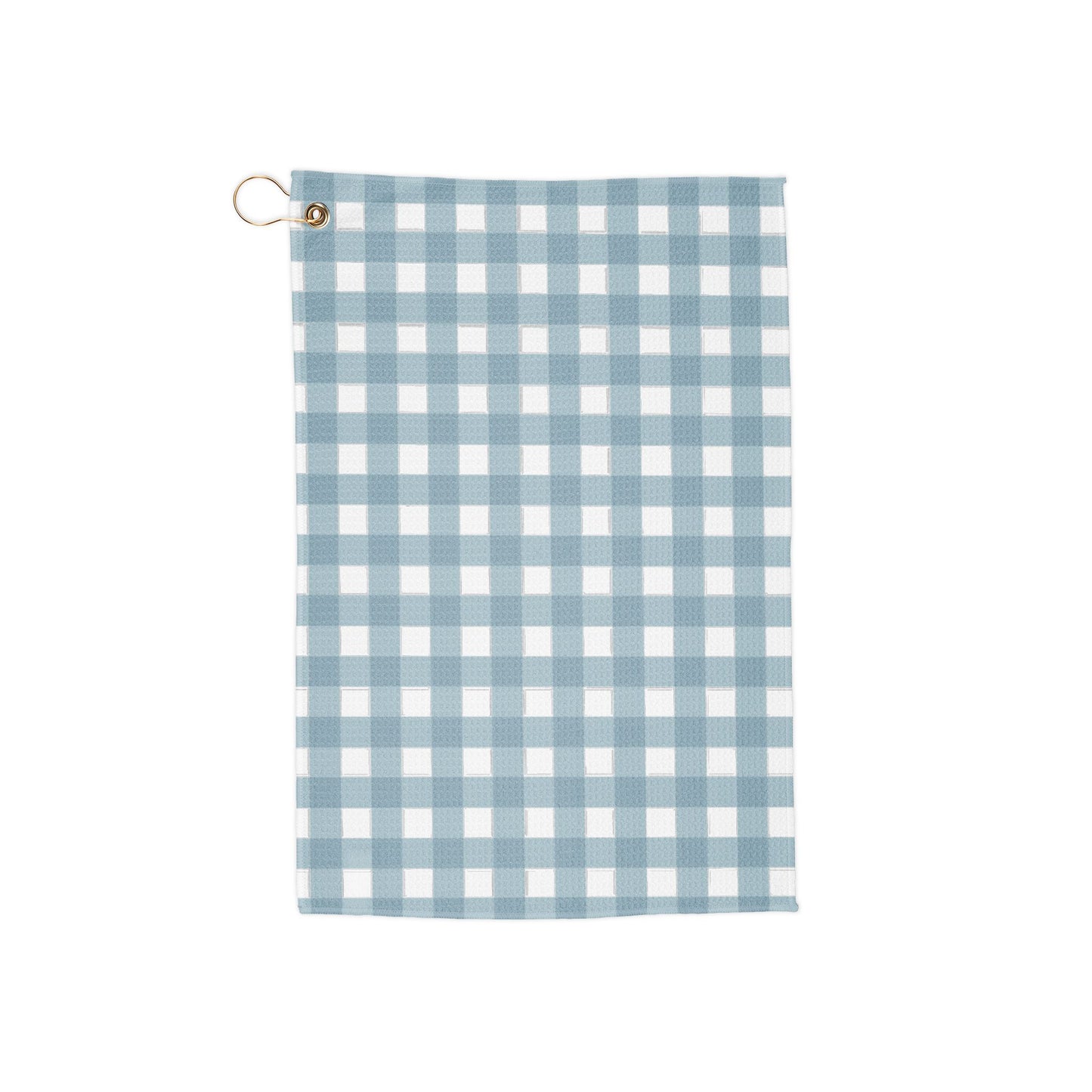 A soft sky blue gingham golf towel with breezy, fresh vibes. Light, airy, and perfect for a subtle yet stylish look on the course.