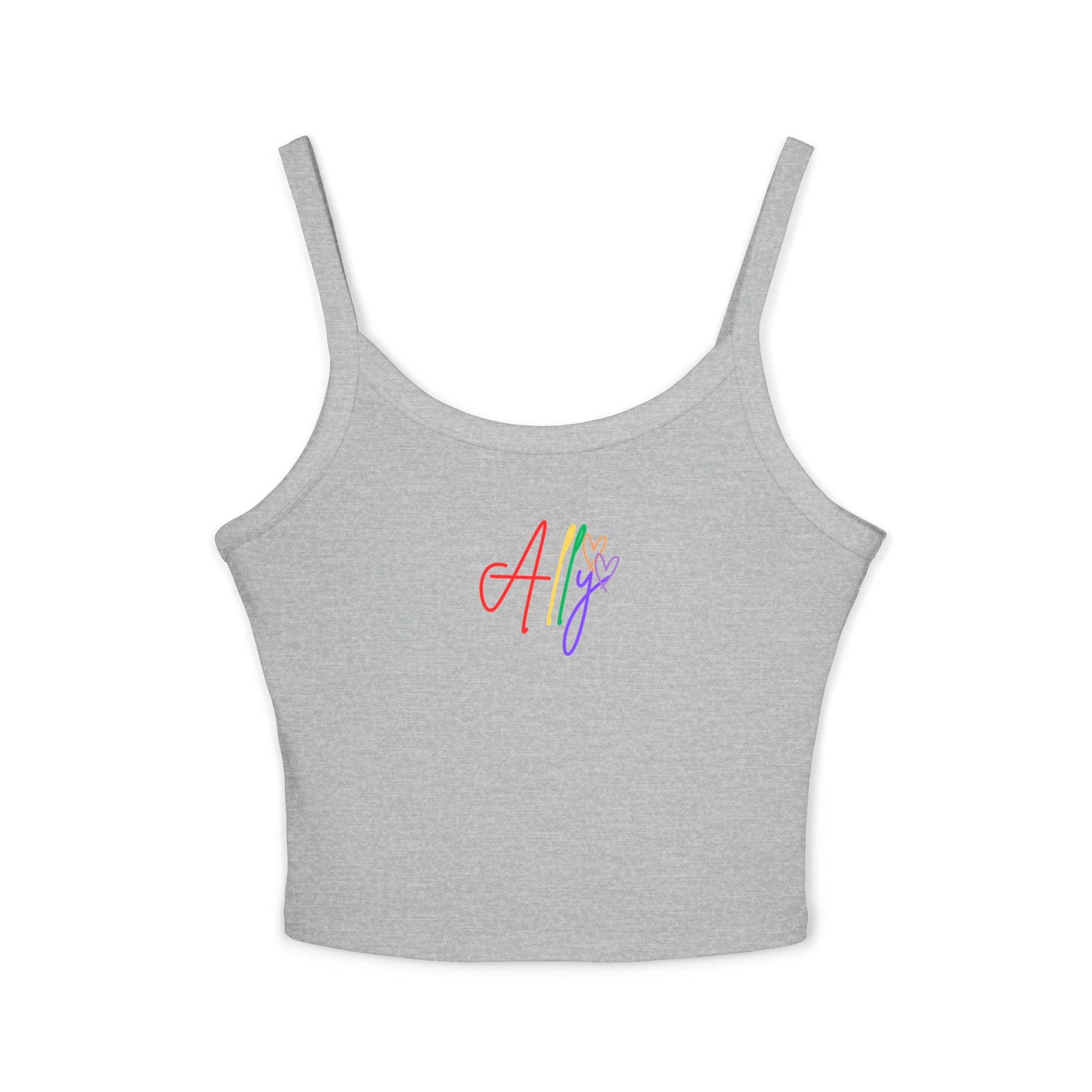 Sleek Gray Ally Pride Tank – A stylish gray tank featuring colorful cursive "Ally," blending modern neutrals with a bold pride statement.