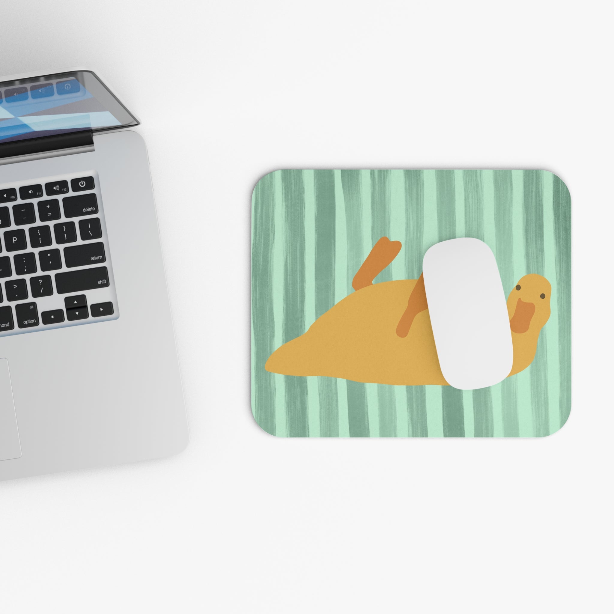 Bed Rot–inspired desk mat featuring horizontal green stripes and a lounging duck, perfect for moody dorm decor and laid-back study vibes
