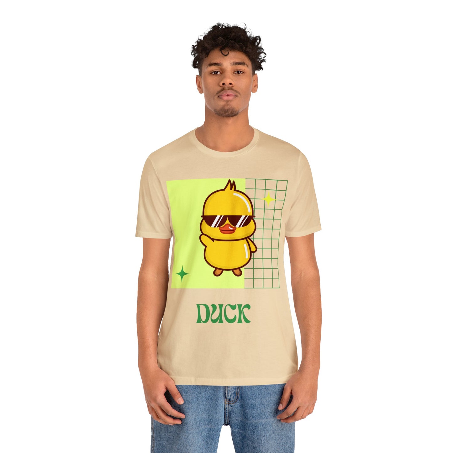 Close-up of Soft Cream Cute Duck Graphic T-Shirt showcasing vibrant duck design and breathable fabric.