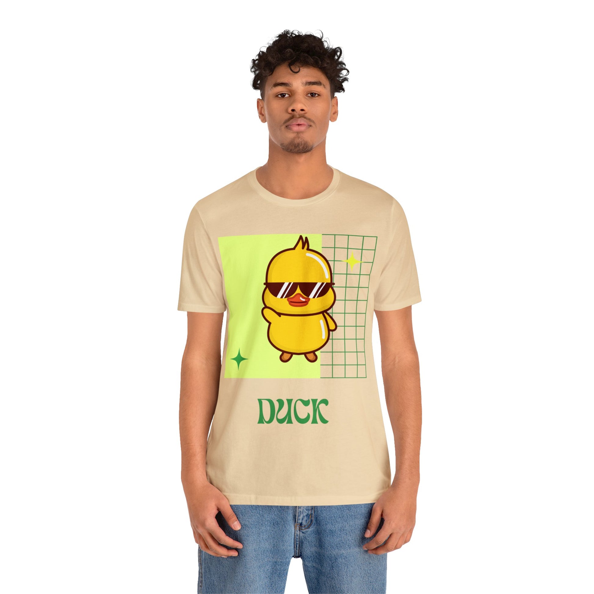 Close-up of Soft Cream Cute Duck Graphic T-Shirt showcasing vibrant duck design and breathable fabric.