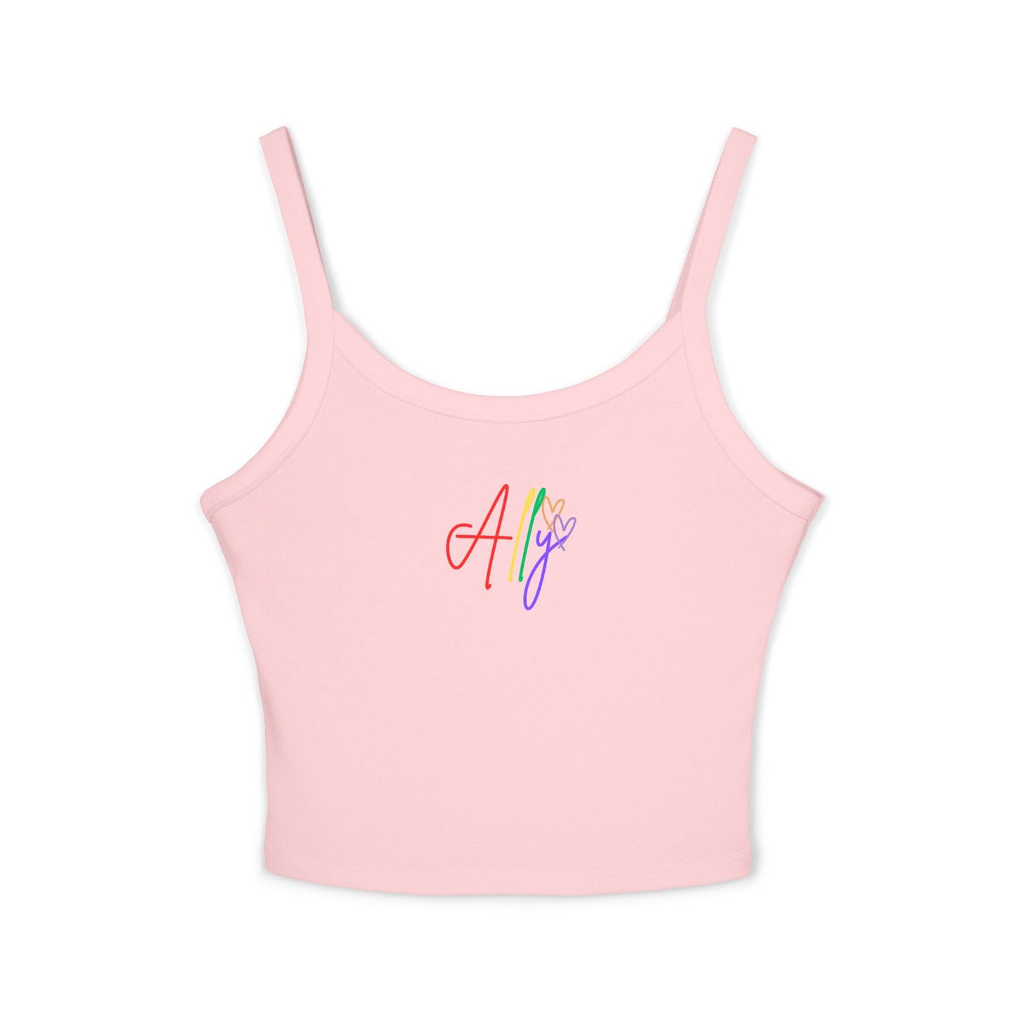 Soft Pink Ally Tank – A pastel pink sleeveless tank featuring bold rainbow cursive "Ally," celebrating LGBTQ+ support with a warm, uplifting vibe