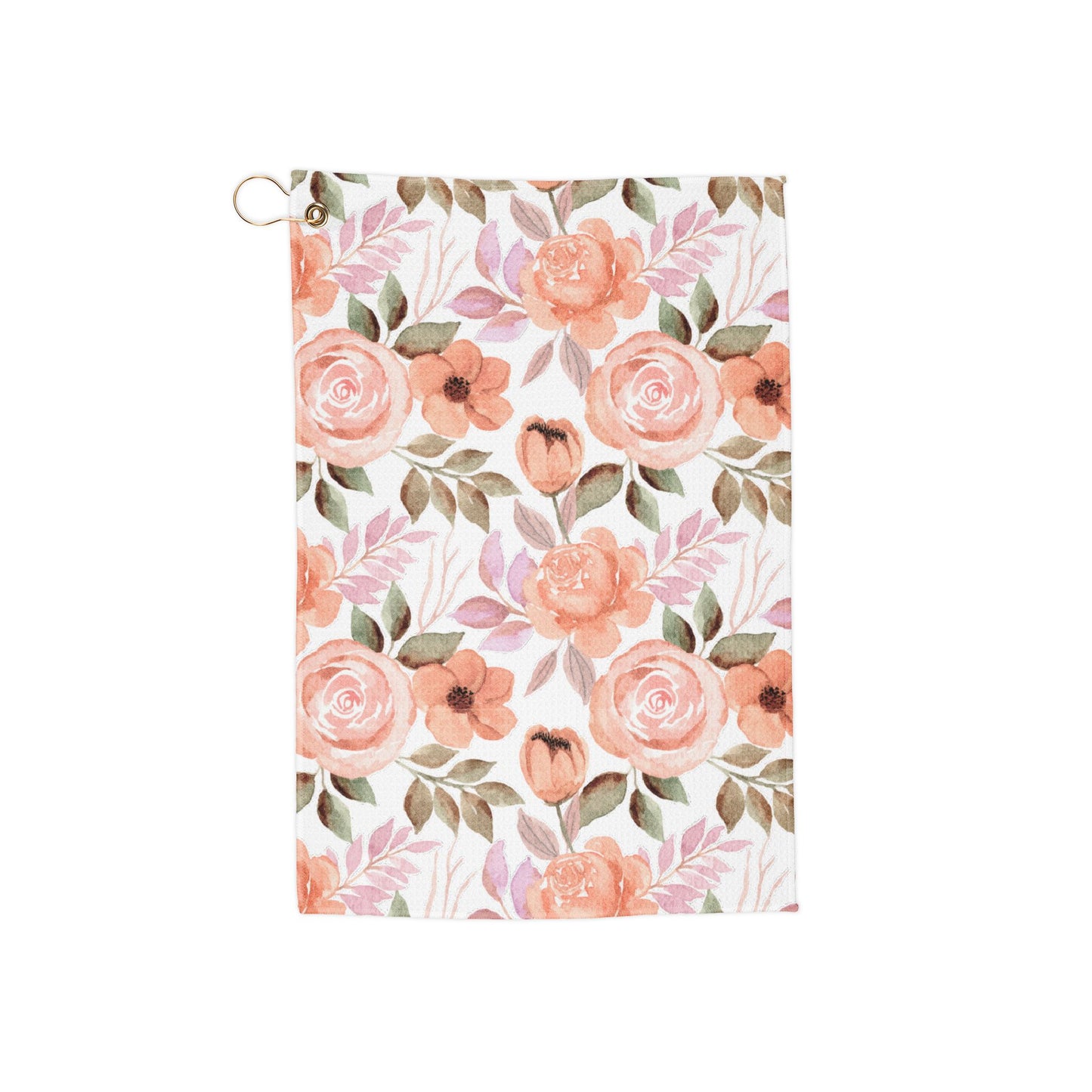 A soft pink floral golf towel with soft hues and a retro botanical design—perfect for players who love beautiful things. 