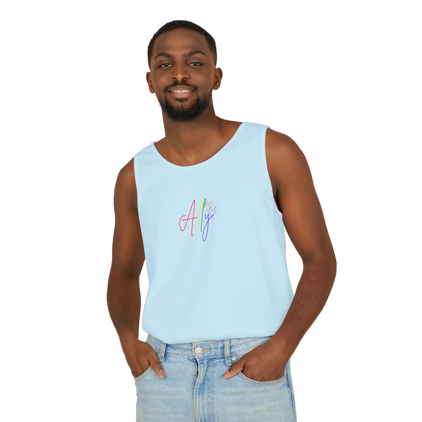 Soft Sky Blue Ally Tank – A light blue unisex sleeveless tank featuring bold rainbow cursive "Ally," celebrating inclusivity and LGBTQ+ pride.