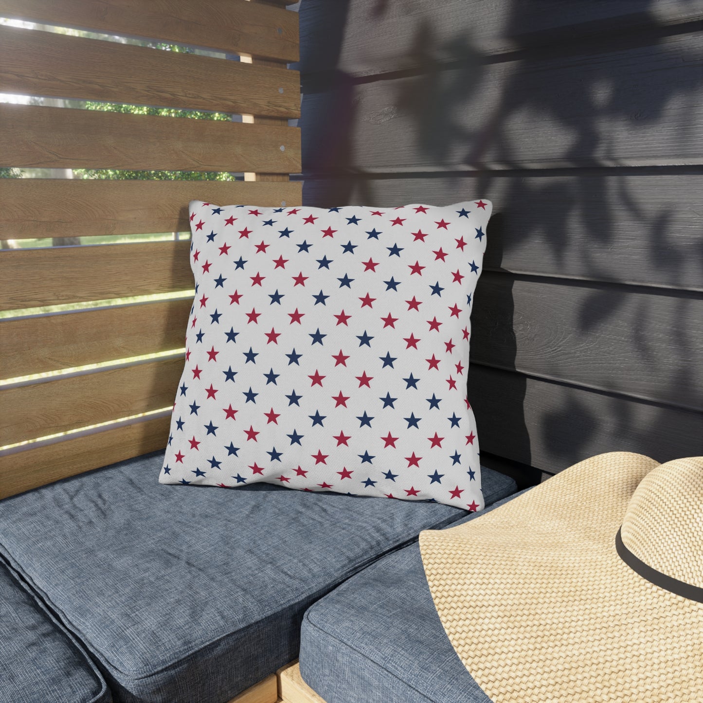 - Festive square Fourth of July throw pillow with bold red, white, and blue stars—patriotic, stylish, and perfect for Independence Day decor.
