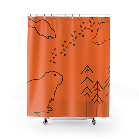 Front view of shower curtain with orange stick figure beavers on white background