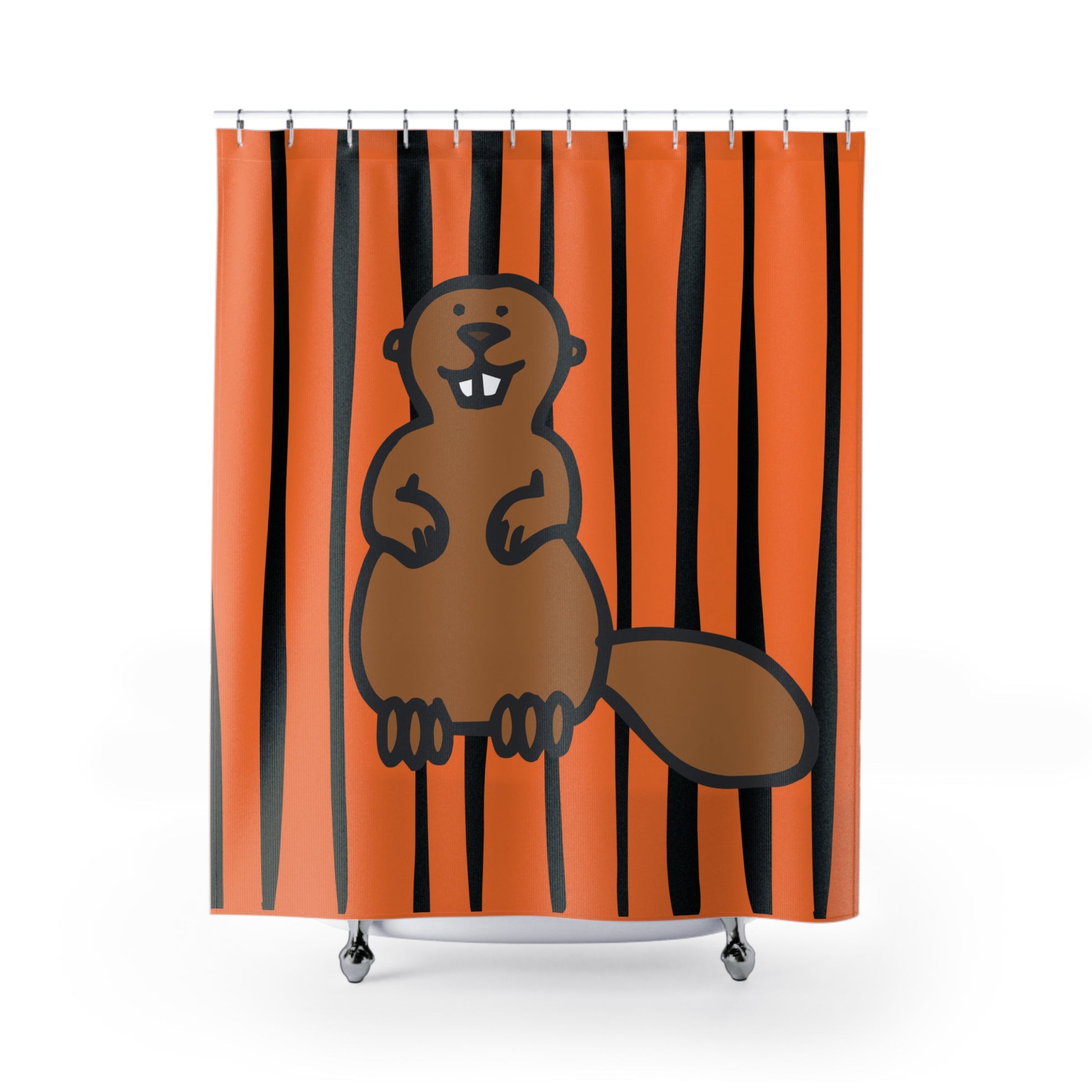 Front view of black and orange striped shower curtain with graphic beaver-inspired design