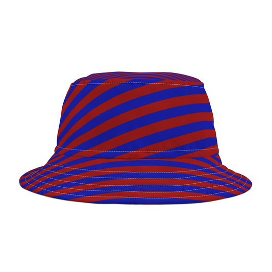 Arizona-inspired red and navy striped bucket hat with retro vertical stripes, styled for college football weekends and gameday fashion.