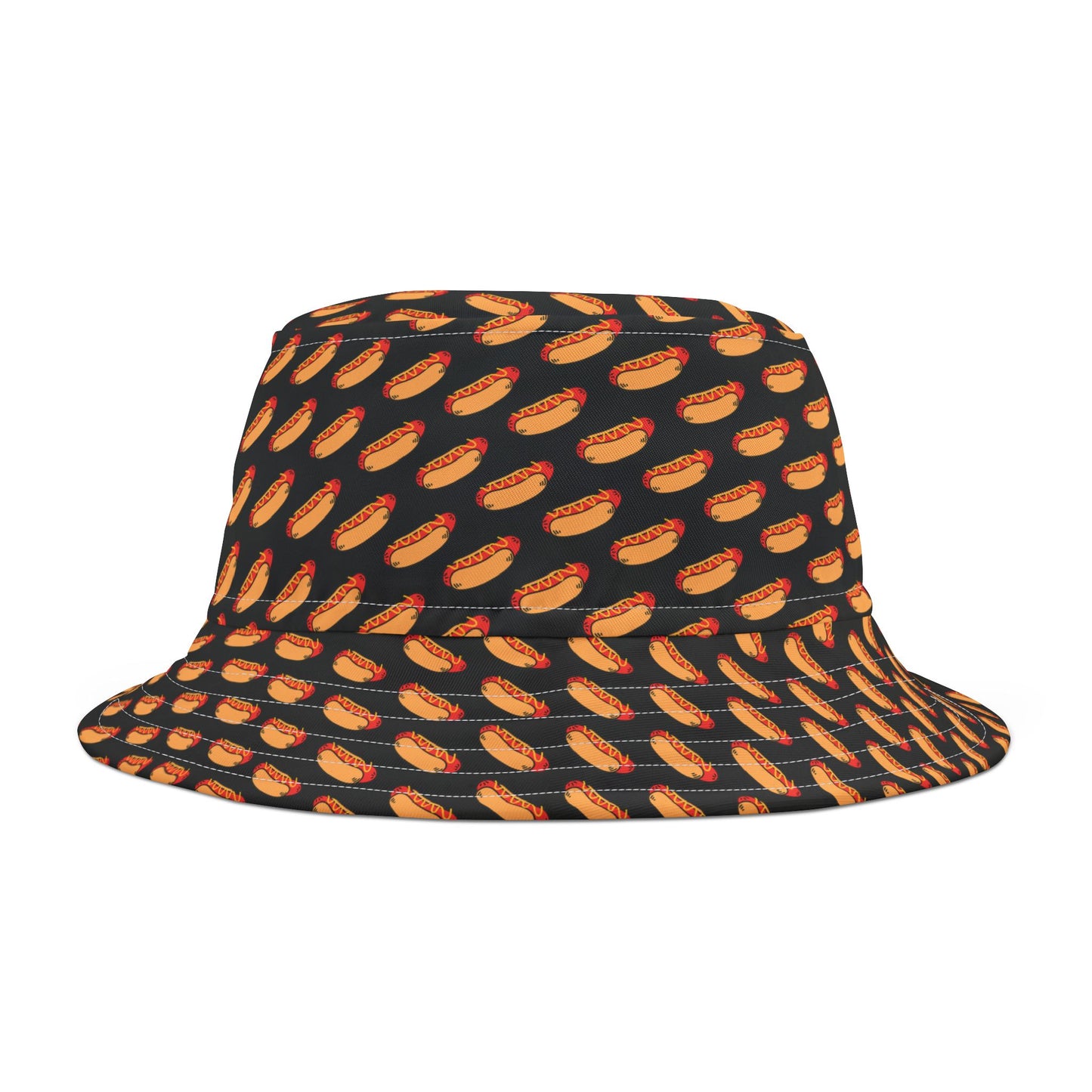 Bold black bucket hat featuring a fun hot dog motif—great for BBQ lovers and holiday festivities.