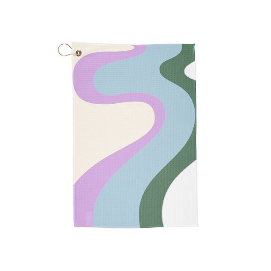 A fluid, swirly-patterned golf towel in river blues—cool, stylish, and effortlessly chic for players who want a sleek retro touch.