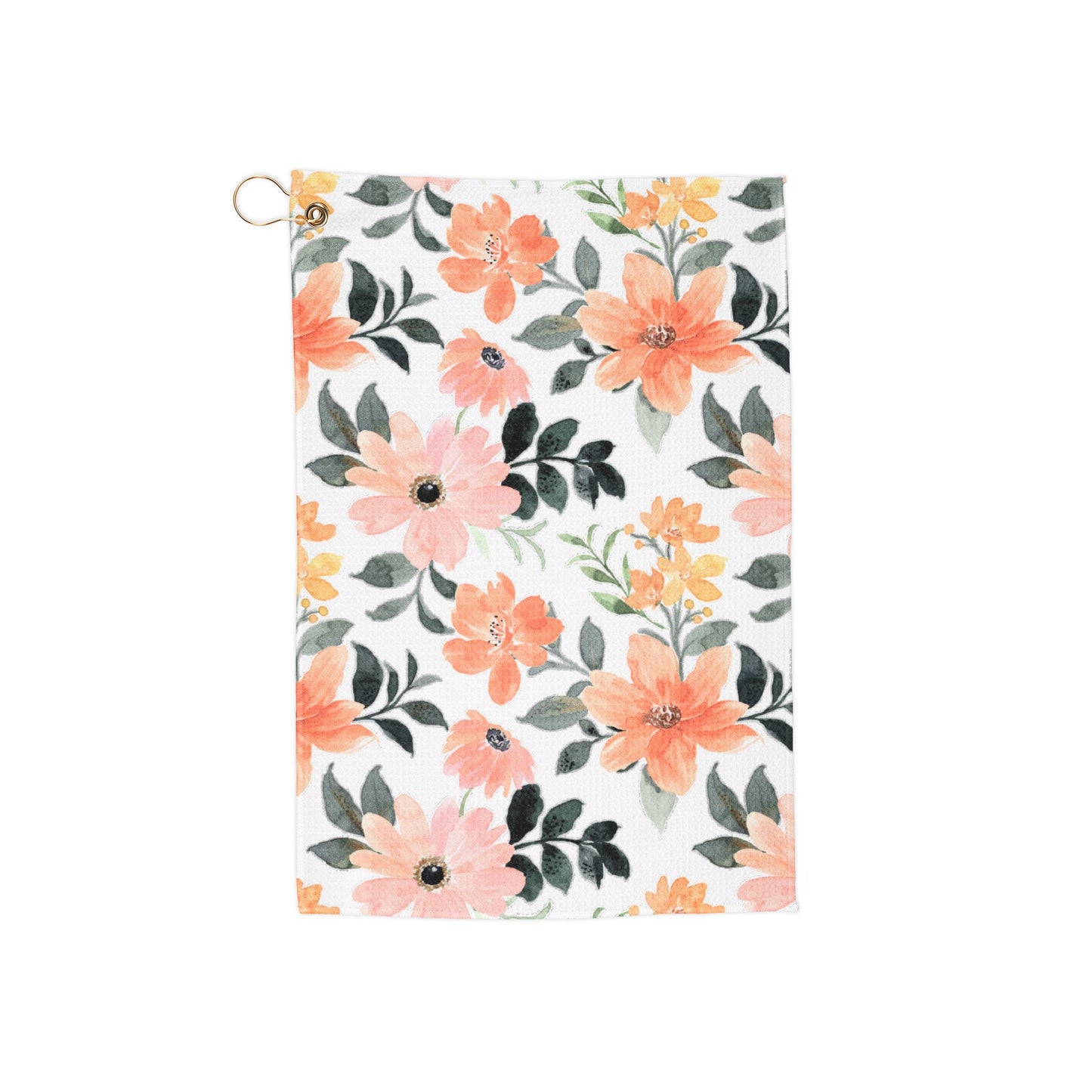 A bright orange floral golf towel featuring vibrant tangerine-toned blooms in a lush garden design. A bold, refreshing take on retro florals.