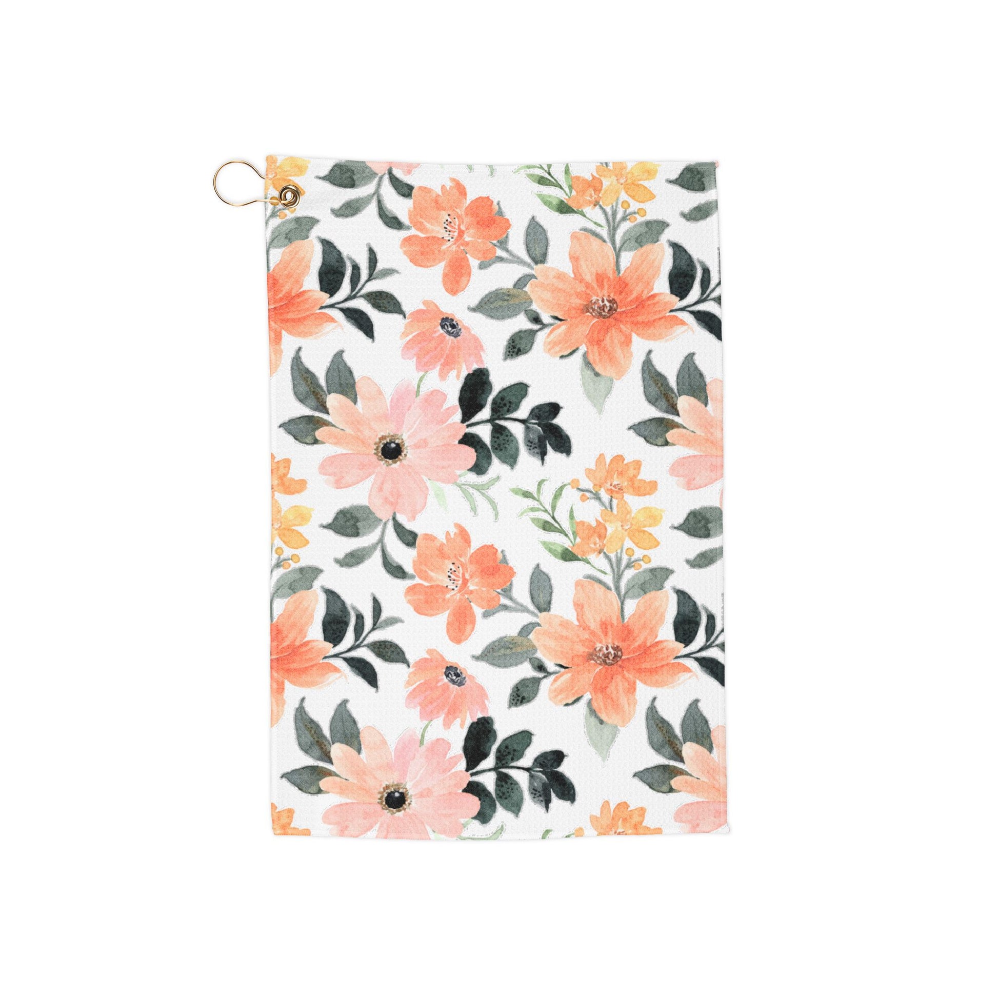 A bright orange floral golf towel featuring vibrant tangerine-toned blooms in a lush garden design. A bold, refreshing take on retro florals.