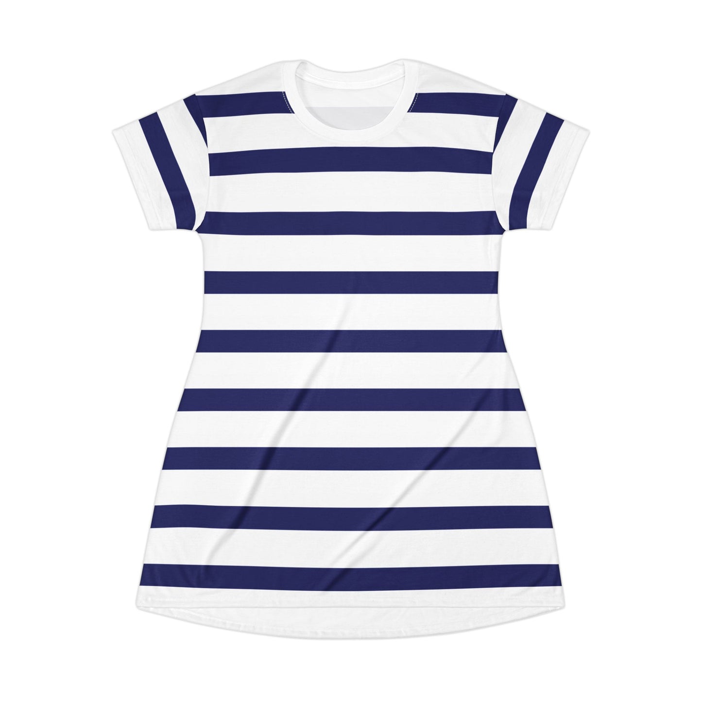 Chic Fourth of July nautical T-shirt dress with bold navy blue stripes—festive, comfortable, and great for holiday gatherings.