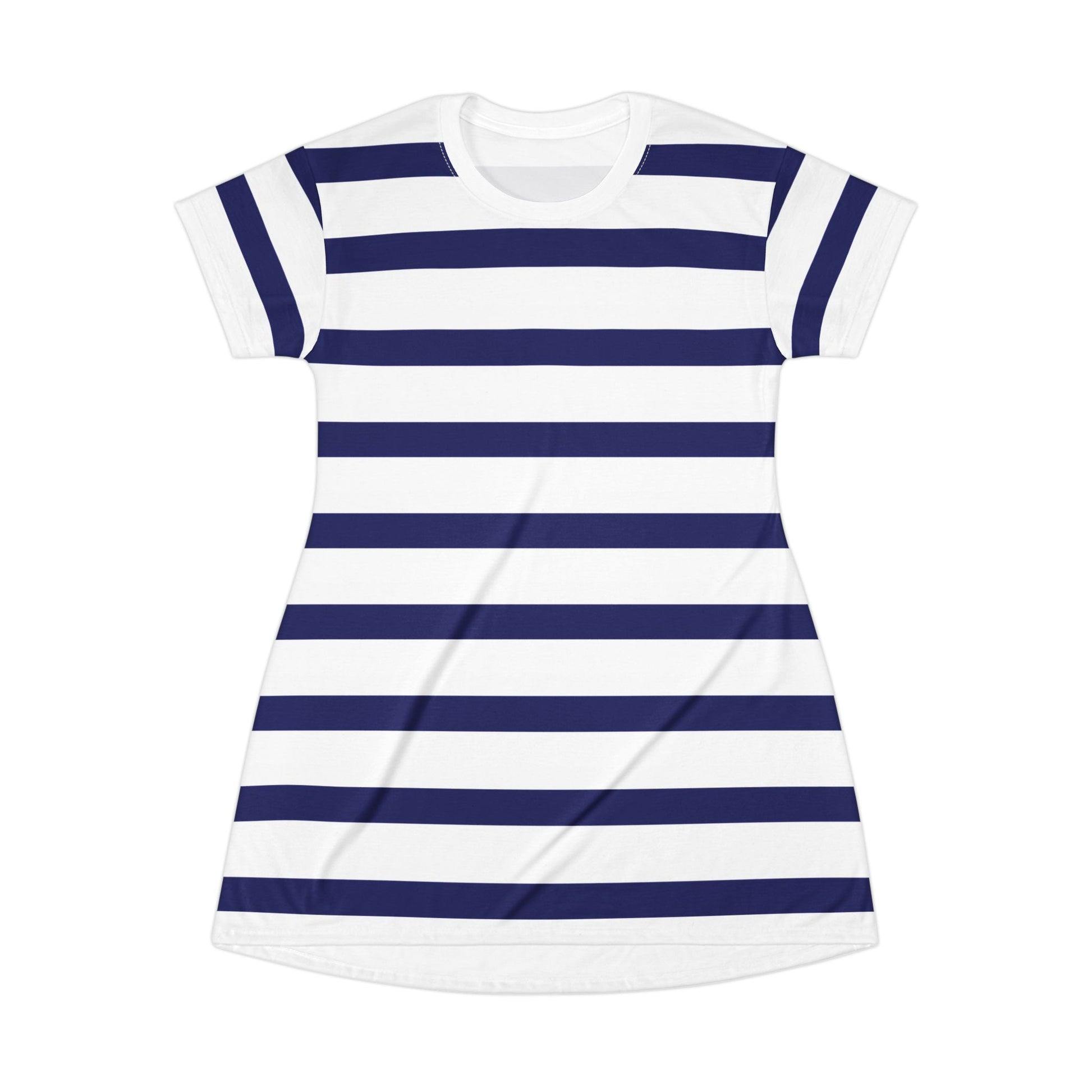 Chic Fourth of July nautical T-shirt dress with bold navy blue stripes—festive, comfortable, and great for holiday gatherings.