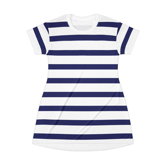 Chic Fourth of July nautical T-shirt dress with bold navy blue stripes—festive, comfortable, and great for holiday gatherings.