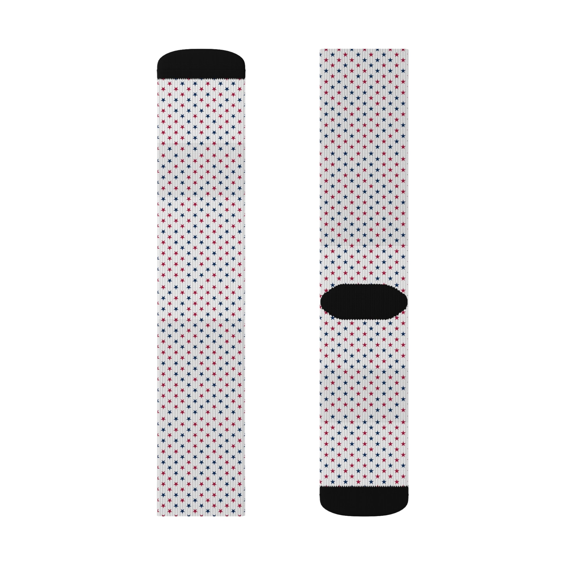 Trendy patriotic socks with scattered red, white, and blue stars—festive, cozy, and ideal for celebrating American pride.
